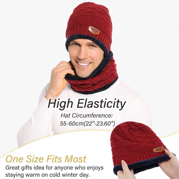 🆕 Men Red Fleece Lined Winter Cap Beanie Scarf Set Knit Neck Warmer Nice Hat - Picture 4 of 6